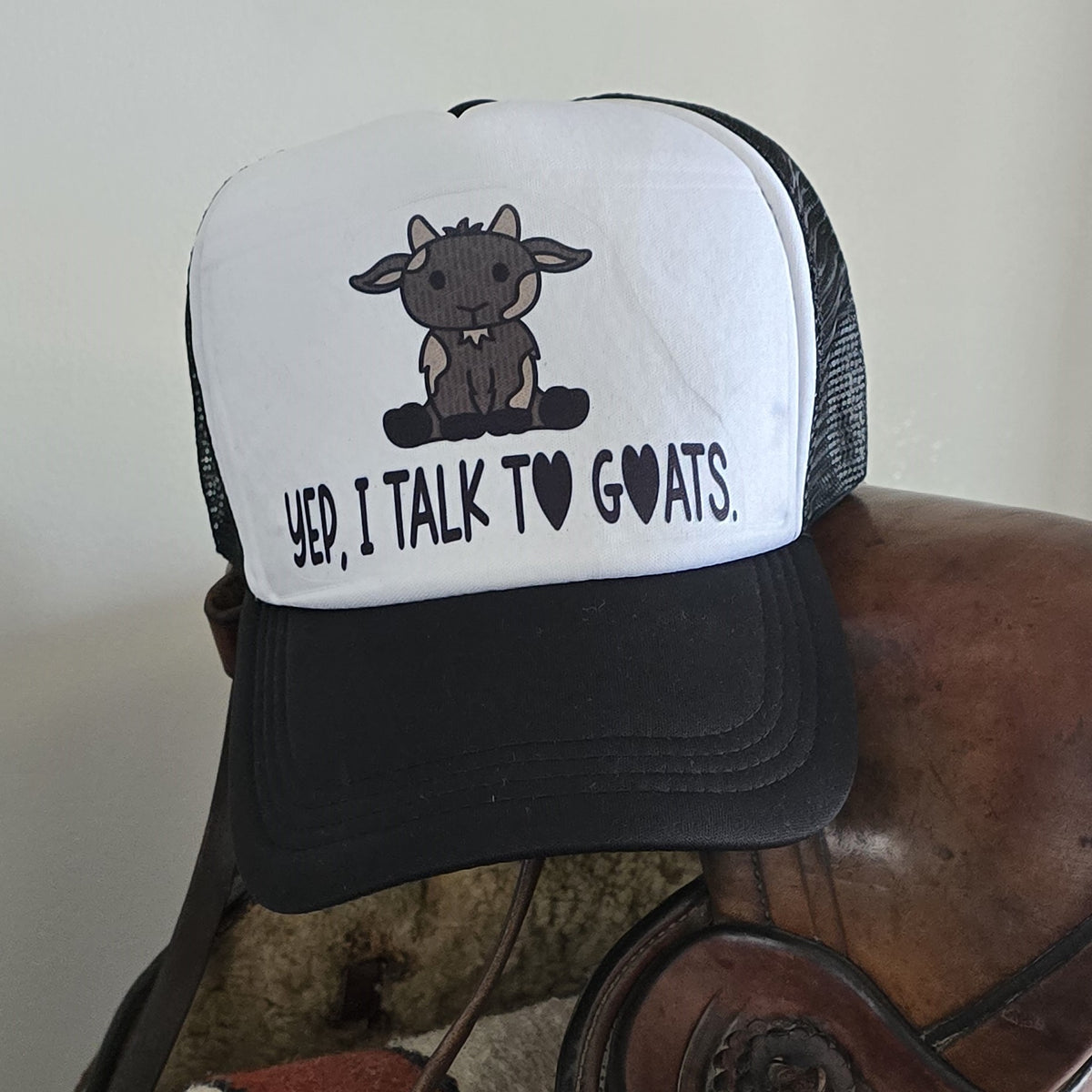 Adorable Goat Hat | "Yep, I Talk to Goats" Black and White Cap | Cute Farm Animal Accessories